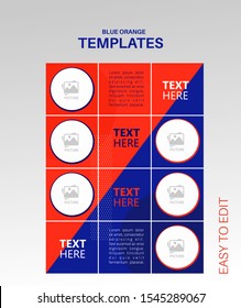 Modern social media post feed, instagram feed, Blue, Orange, minimalist.