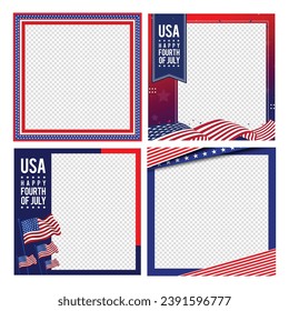 Modern social media post frame, border, banner, template design for United States 4th of July Independence Day celebration with US waving flag, vector illustration.