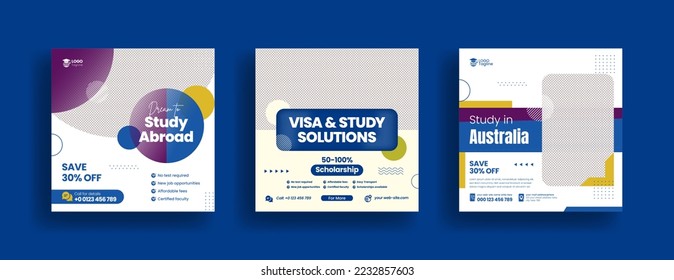 Moderne Social-Media-Beiträge für Auslandsstudium und Studium Visa-Banner-Werbebanner-Paket, Hochschul- und Schulzulassungsvorlage Förderung Square Flyer oder Plakatdesign-Kollektion Paket geometrische