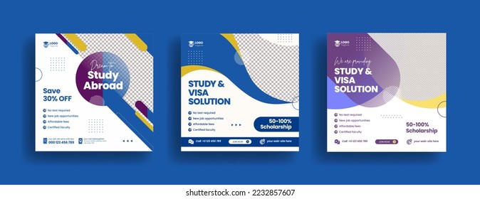 Modern social media post for study abroad and study visa banner ads template bundle, higher education and school admission template promotion square flyer or poster design collection pack geometric