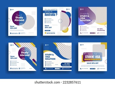Modern social media post for study abroad and study visa banner ads template bundle, higher education and school admission template promotion square flyer or poster design collection pack geometric