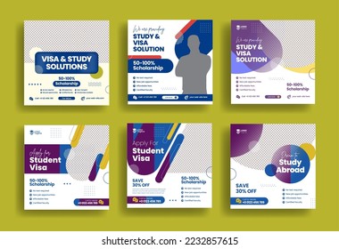 Modern social media post for study abroad and study visa banner ads template bundle, higher education and school admission template promotion square flyer or poster design collection pack geometric