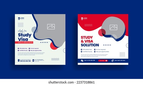 Modern social media post for study abroad and study visa banner ads template bundle, higher education and school admission template promotion square flyer or poster design collection