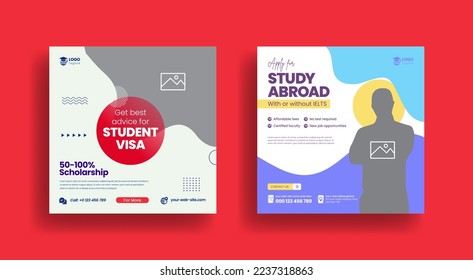 Modern social media post for study abroad and study visa banner ads template bundle, higher education and school admission template promotion square flyer or poster design collection