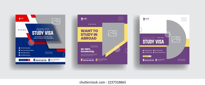 Modern social media post for study abroad and study visa banner ads template bundle, higher education and school admission template promotion square flyer or poster design collection