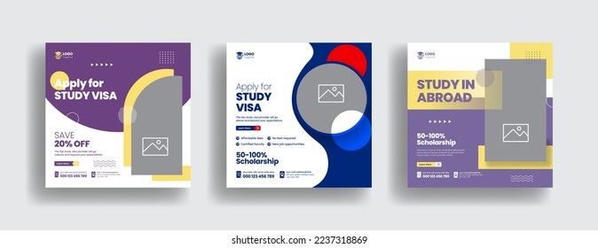 Modern social media post for study abroad and study visa banner ads template bundle, higher education and school admission template promotion square flyer or poster design collection