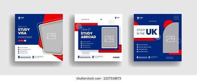 Modern social media post for study abroad and study visa banner ads template bundle, higher education and school admission template promotion square flyer or poster design collection