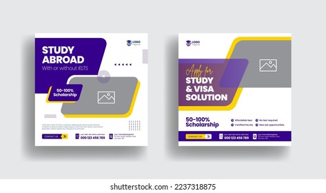 Modern social media post for study abroad and study visa banner ads template bundle, higher education and school admission template promotion square flyer or poster design collection
