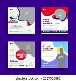 Modern social media post for study abroad and study visa banner ads template bundle, higher education and school admission template promotion square flyer or poster design collection