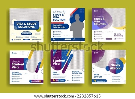 Modern social media post for study abroad and study visa banner ads template bundle, higher education and school admission template promotion square flyer or poster design collection pack geometric