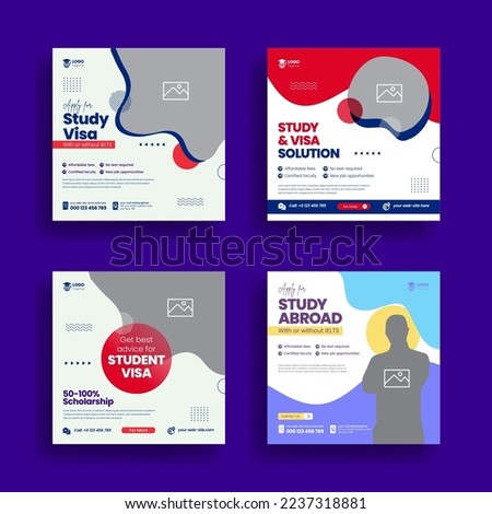 Modern social media post for study abroad and study visa banner ads template bundle, higher education and school admission template promotion square flyer or poster design collection