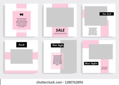 Modern social media post template set. Trendy pink, white background.