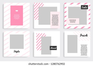 Modern social media post template set. Trendy stripe pink line in white background.