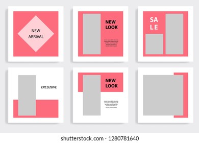 Modern social media post template set. Trendy red, pink in white background.