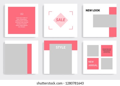 Modern social media post template set. Trendy red, pink in white background.