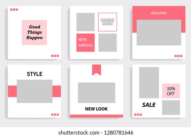 Modern social media post template set. Trendy red, pink in white background.