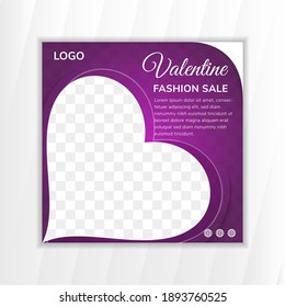 modern social media post template with transparency of purple gradient color suitable for valentines sale marketing. promotional web banner vector frame with square layout. space for photo collage