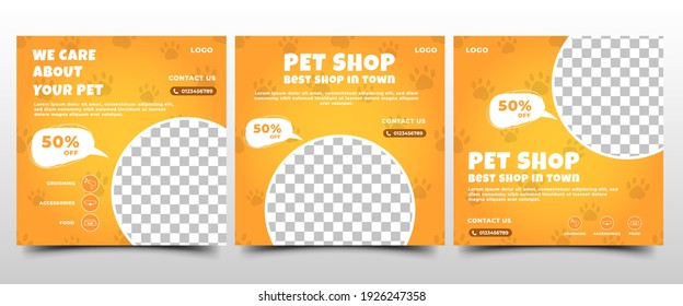 Modern social media post template design set for pet shop. Yellow background color with paw print pattern illustration. Flat design vector with photo collage. Usable for social media, flyers, and web