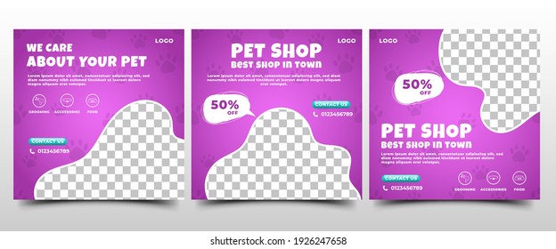 Modern social media post template design set for pet shop. Purple background color with paw print pattern illustration. Flat design vector with photo collage. Usable for social media, flyers, and web