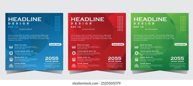 Diseño moderno de Plantilla de publicaciones de redes sociales, marketing digital empresarial en línea, Plantilla de Anuncio y póster con color verde, rojo y azul, Vector eps 10