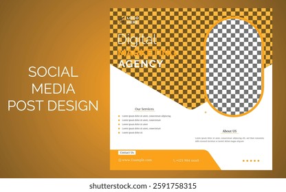 A modern social media post template for a digital marketing agency. Features a city skyline and person working on a laptop.