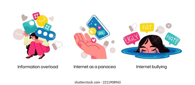 Modern social media problems, peculiarities and differences. Concept business illustrations. Internet and gadget addiction