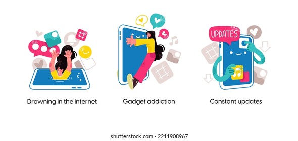 Modern social media problems, peculiarities and differences. Concept business illustrations. Internet and gadget addiction.