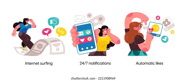 Modern social media problems, peculiarities and differences. Concept business illustrations. Internet and gadget addiction