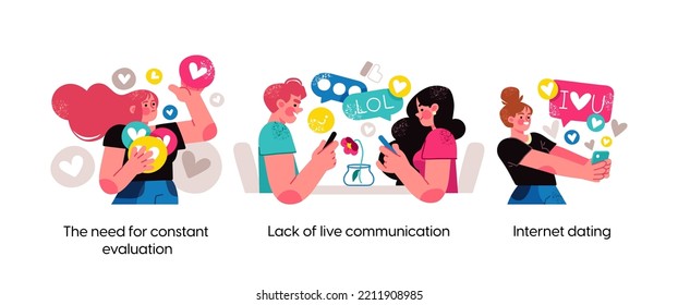 Modern social media problems, peculiarities and differences. Concept business illustrations. Internet and gadget addiction