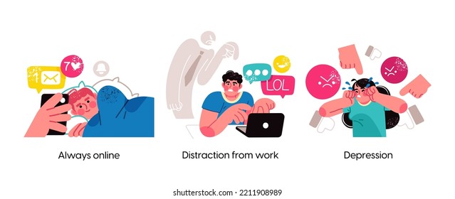 Modern social media problems, peculiarities and differences. Concept business illustrations. Internet and gadget addiction