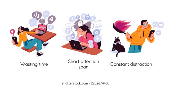 Modern social media problems, peculiarities and differences. Concept business illustrations. Internet and gadget addiction