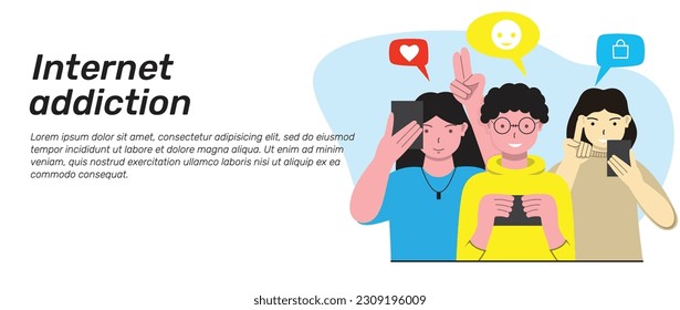 Modern social media problems, peculiarities and differences. Business illustration concept, with three teenagers. Vector illustration