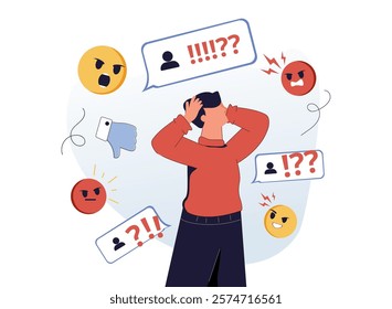 Modern social media problems, peculiarities and differences. Concept business illustrations. Vector illustration. Internet and gadget addiction. Bulling and trolling in the social media. Censure