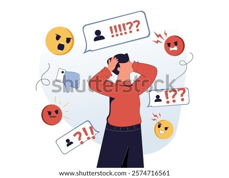 Modern social media problems, peculiarities and differences. Concept business illustrations. Vector illustration. Internet and gadget addiction. Bulling and trolling in the social media. Censure