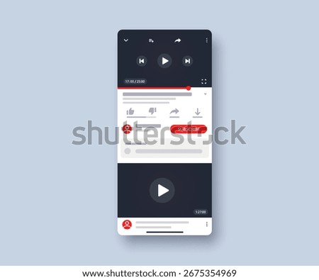 Modern social media screen template smartphone video player, app, ui. Mockup menu bar. Movie channel. Social media concept. Vector illustration