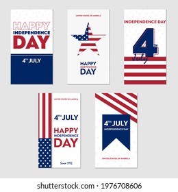 Modern social media stories set of USA independence day, 4th july. Greeting cards, postcards, flyers, banners, posters design. Vector illustration.