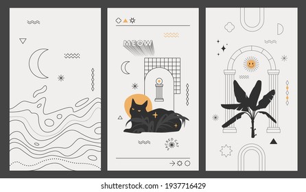 Modern social media stories templates with black cat, palm tree, landscape, arches, moon, and geometric shapes. 1082 px x 1920 px each. Vertical contemporary design in black, gray, and golden colors.