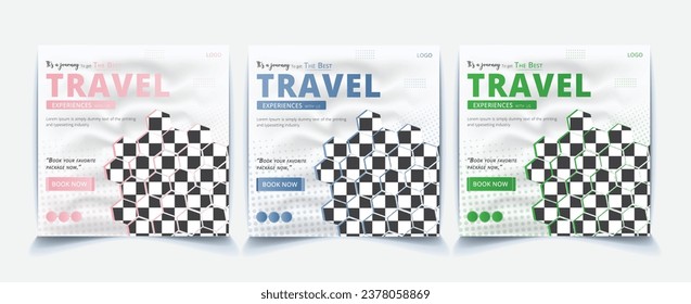 Modern Social Media Travel Post Design Template. Professional Holiday and Vacation Advertisement Square Banner Set. Tour, Tourism, Traveler, Tourist, Travel Agency, Bundle, Collection and Marketing.