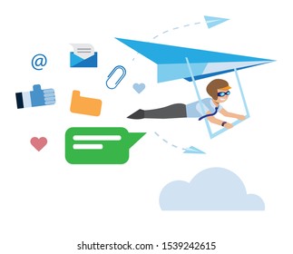 modern social networking. office man flying riding paragliding with mail icons illustration concept
