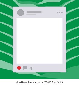 A modern social post frame over a bold green tropical backdrop with wavy plant patterns. White square photo area sits inside a gray chat-like header