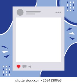 A modern social post frame with a white square photo area inside a gray header, set against a blue abstract background. Subtle heart and comment icons at bottom