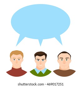 Modern society concept with group of different people in community discussion and speech bubble in flat style isolated on white background