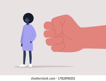Modern society problems, a giant clenched fist attacking a young male character, racial and gender discrimination