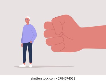 Modern society problems, a giant clenched fist attacking a young male character, discrimination