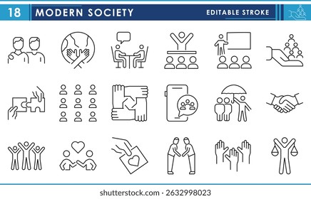 Modern society related line icons set. Modern, community, people, interaction, justice, care, social media, friendship, and so on. Vector editable stroke.