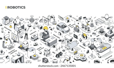 Modern society robotics isometric illustration that highlights different aspects of robotics: industrial, medical, service, agricultural, educational, machine learning, delivery, and wearable robotics