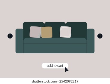 A modern sofa adorned with stylish cushions invites relaxation, perfect for enhancing any living space, simply click to add this delightful piece to your cart