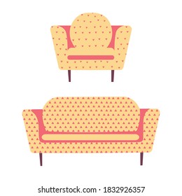 Modern sofa armchair and couch. Interior design Home or office. Cartoon flat vector illustration