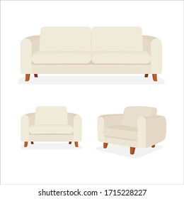 Moderna colección de ilustraciones vectoriales de sofás y sillones. Muebles cómodos y acogedores. Parte del conjunto.