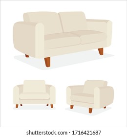 Modern sofa and armchairs vector illustrations collection. Comfortable and cozy soft furniture. Part of set.